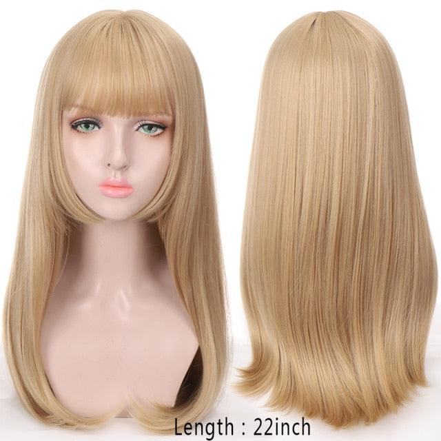 Long Straight With Bangs Synthetic Wigs For Black/White Women Natural Black Brown Gray Heat Resistant Fiber Hair Wigs For Black Women Cosplay Wigs For Women Gifts for Girlfriends