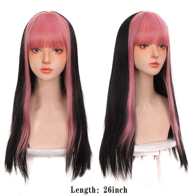 Long Straight With Bangs Synthetic Wigs For Black/White Women Natural Black Brown Gray Heat Resistant Fiber Hair Wigs For Black Women Cosplay Wigs For Women Gifts for Girlfriends