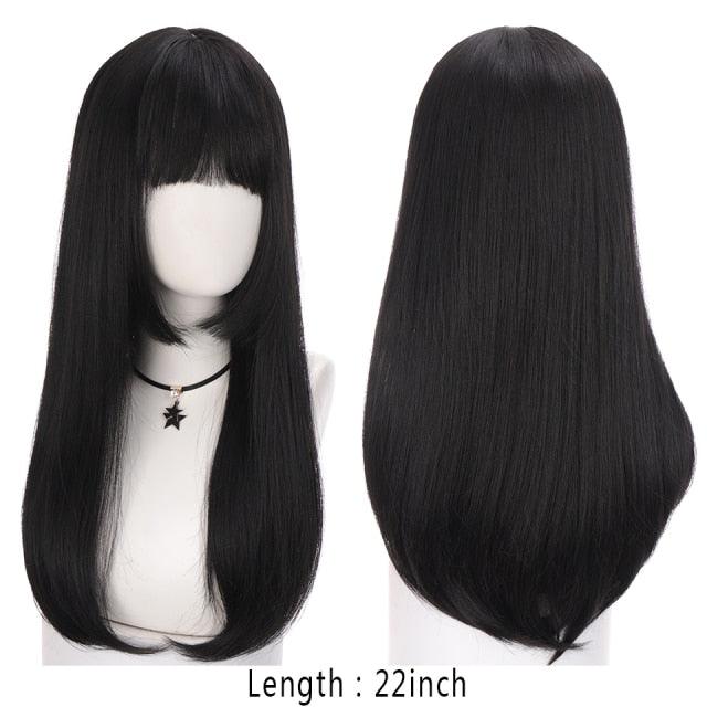 Long Straight With Bangs Synthetic Wigs For Black/White Women Natural Black Brown Gray Heat Resistant Fiber Hair Wigs For Black Women Cosplay Wigs For Women Gifts for Girlfriends