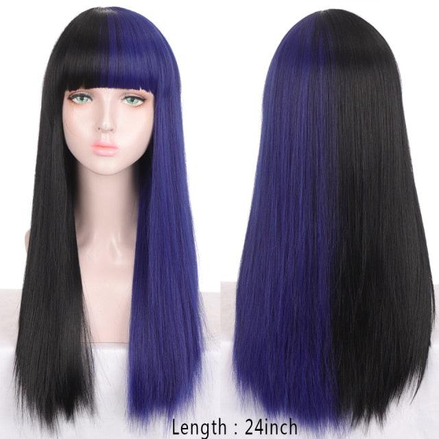 Long Straight With Bangs Synthetic Wigs For Black/White Women Natural Black Brown Gray Heat Resistant Fiber Hair Wigs For Black Women Cosplay Wigs For Women Gifts for Girlfriends