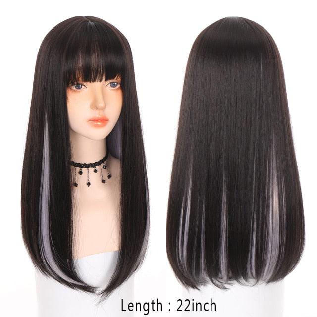 Long Straight With Bangs Synthetic Wigs For Black/White Women Natural Black Brown Gray Heat Resistant Fiber Hair Wigs For Black Women Cosplay Wigs For Women Gifts for Girlfriends