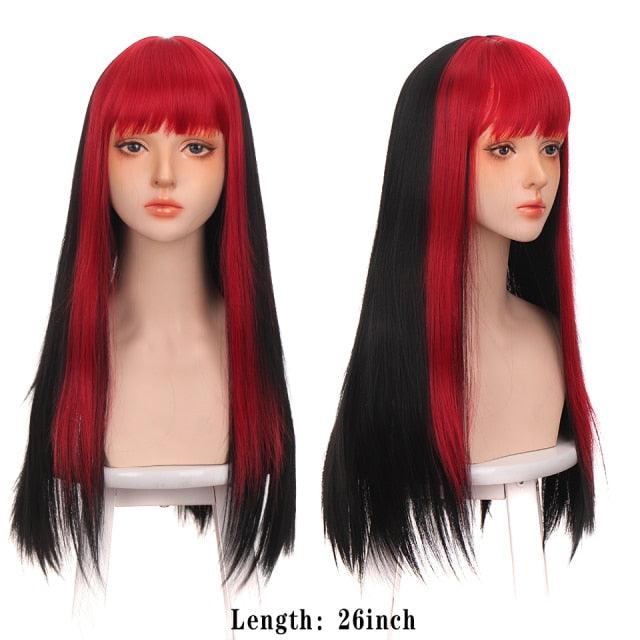 Long Straight With Bangs Synthetic Wigs For Black/White Women Natural Black Brown Gray Heat Resistant Fiber Hair Wigs For Black Women Cosplay Wigs For Women Gifts for Girlfriends