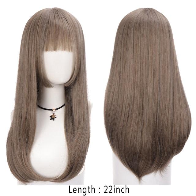 Long Straight With Bangs Synthetic Wigs For Black/White Women Natural Black Brown Gray Heat Resistant Fiber Hair Wigs For Black Women Cosplay Wigs For Women Gifts for Girlfriends