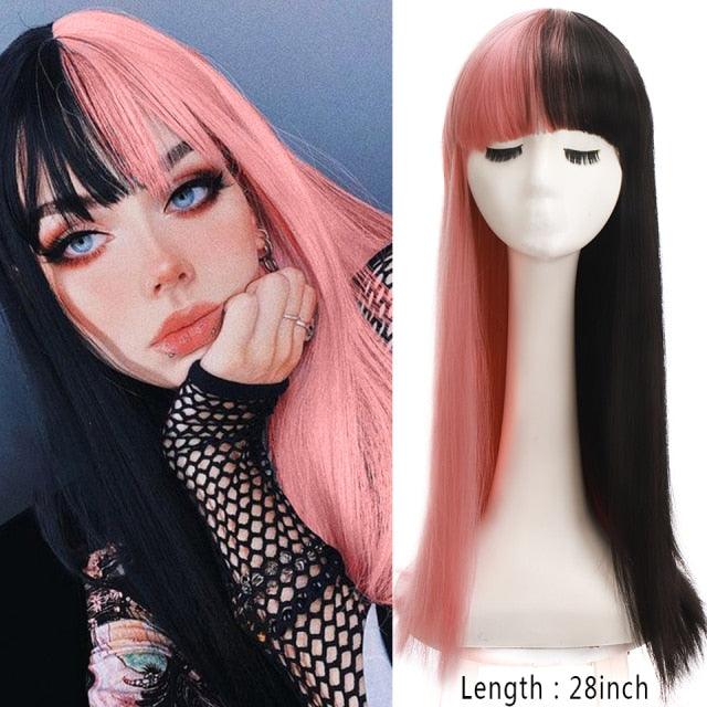 Long Straight With Bangs Synthetic Wigs For Black/White Women Natural Black Brown Gray Heat Resistant Fiber Hair Wigs For Black Women Cosplay Wigs For Women Gifts for Girlfriends