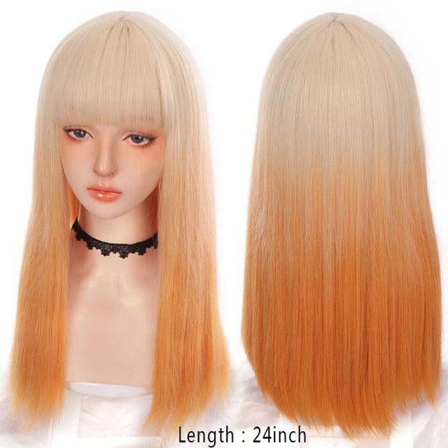 Long Straight With Bangs Synthetic Wigs For Black/White Women Natural Black Brown Gray Heat Resistant Fiber Hair Wigs For Black Women Cosplay Wigs For Women Gifts for Girlfriends