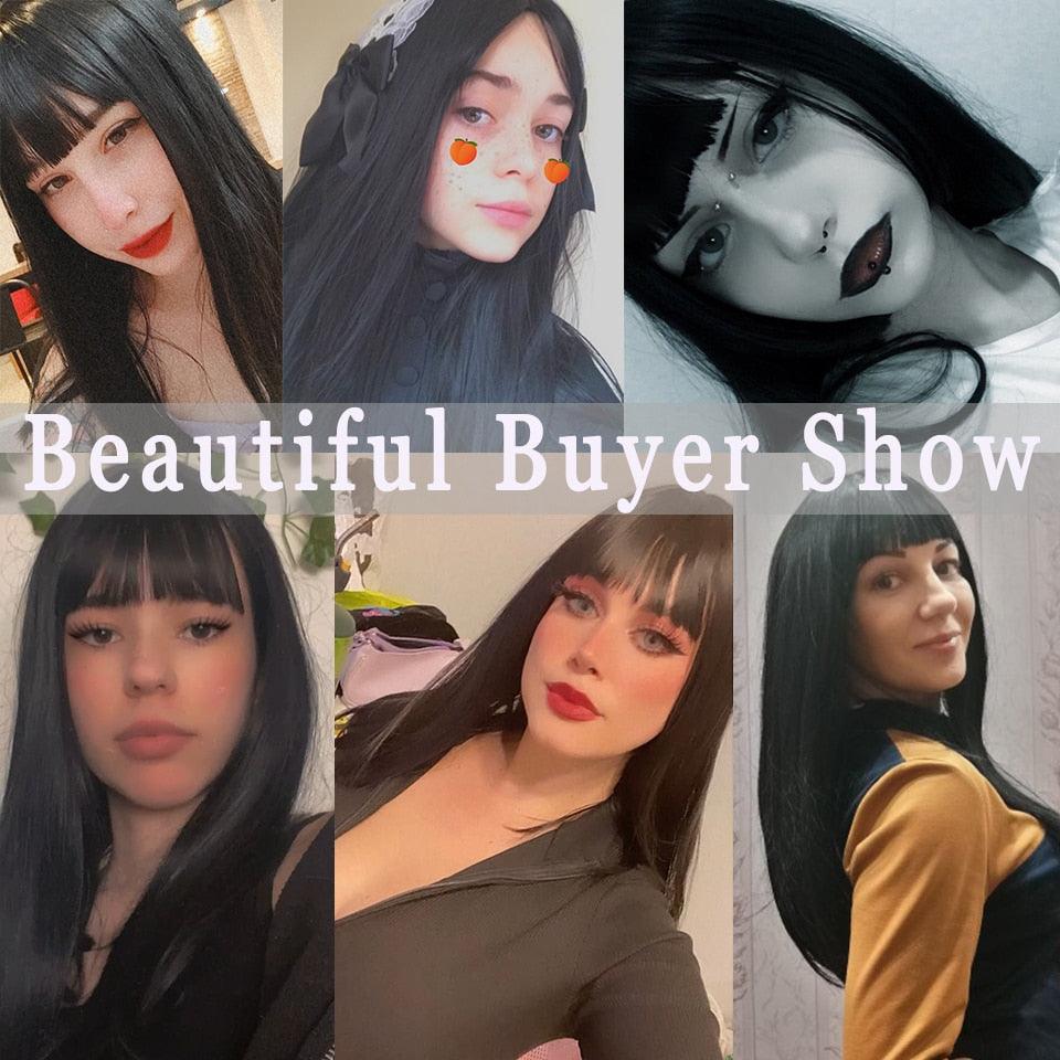 Long Straight With Bangs Synthetic Wigs For Black/White Women Natural Black Brown Gray Heat Resistant Fiber Hair Wigs For Black Women Cosplay Wigs For Women Gifts for Girlfriends