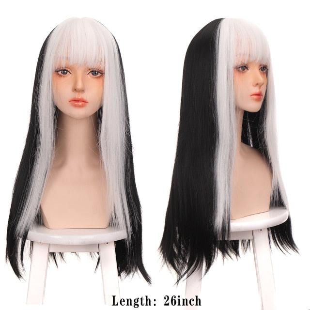 Long Straight With Bangs Synthetic Wigs For Black/White Women Natural Black Brown Gray Heat Resistant Fiber Hair Wigs For Black Women Cosplay Wigs For Women Gifts for Girlfriends