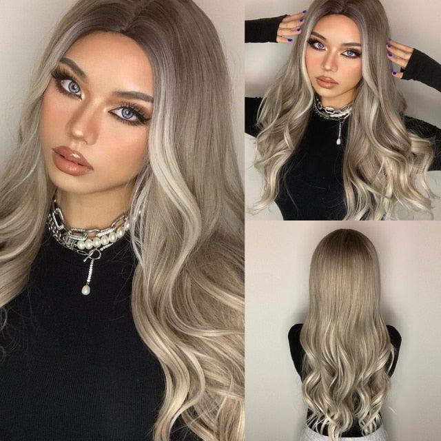 Long Womens Wigs with Bangs Ombre Brown Platinum Blonde Wigs Side Part Synthetic Wavy Wigs Women Cosplay Party Wigs For Black Women Cosplay Wigs For Women