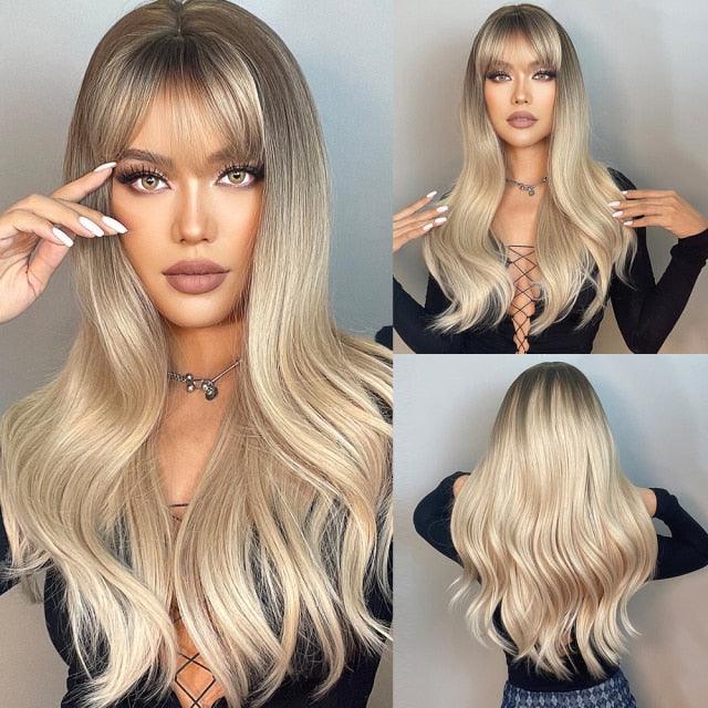 Long Womens Wigs with Bangs Ombre Brown Platinum Blonde Wigs Side Part Synthetic Wavy Wigs Women Cosplay Party Wigs For Black Women Cosplay Wigs For Women