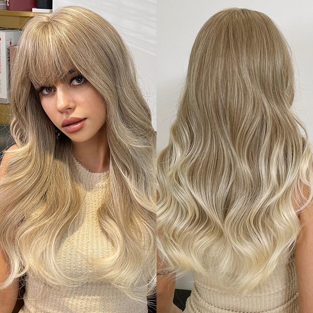 Long Womens Wigs with Bangs Ombre Brown Platinum Blonde Wigs Side Part Synthetic Wavy Wigs Women Cosplay Party Wigs For Black Women Cosplay Wigs For Women