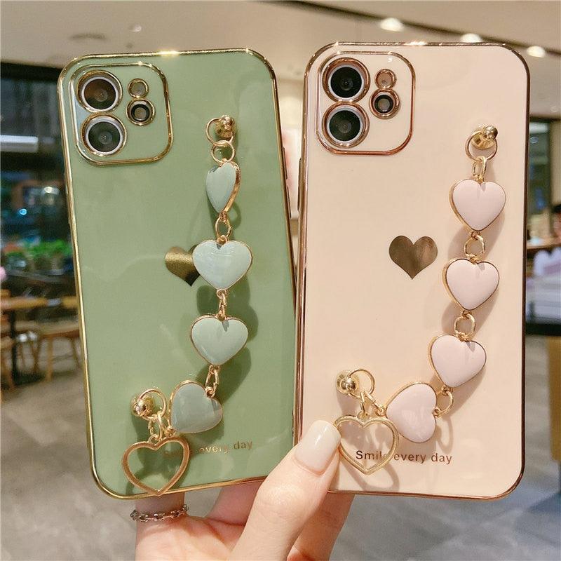 Love Heart Phone Case For iPhone 11 12 13 14 Pro Max XS Max XR 7 Plus 14 Shockproof Wrist Strap Chain Back Cover Love Heart Bracelet Luxury Cute Hearts Cover for Women with Metal Chain Strap