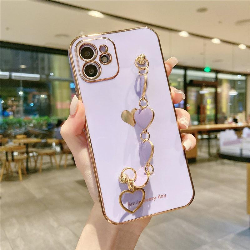 Love Heart Phone Case For iPhone 11 12 13 14 Pro Max XS Max XR 7 Plus 14 Shockproof Wrist Strap Chain Back Cover Love Heart Bracelet Luxury Cute Hearts Cover for Women with Metal Chain Strap