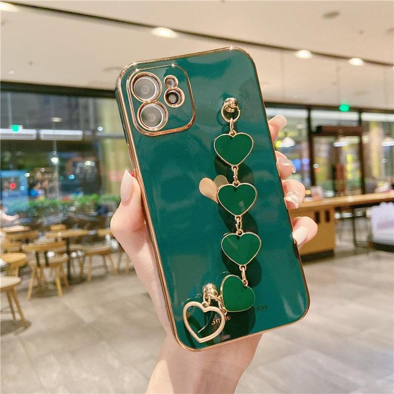 Love Heart Phone Case For iPhone 11 12 13 14 Pro Max XS Max XR 7 Plus 14 Shockproof Wrist Strap Chain Back Cover Love Heart Bracelet Luxury Cute Hearts Cover for Women with Metal Chain Strap