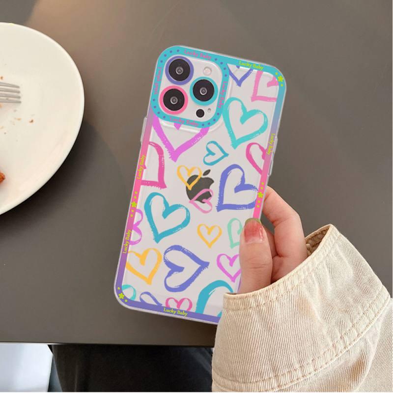 Love Heart Phone Case for iPhone 11 12 13 Mini Pro Max 14 Pro Max Cute Love Heart Pattern Clear Phone Case for Women Girls Fashion Shockproof Bumper Protective Soft Case