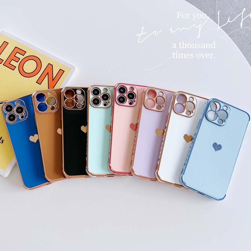 Love Heart Shockproof Bumper Phone Case For iPhone 14 13 12 11 Pro XS Max X XR 7 8 Plus 12Mini SE2 Soft Protective Case for Women Cute Gold Edge Shockproof Slim Soft Bumper