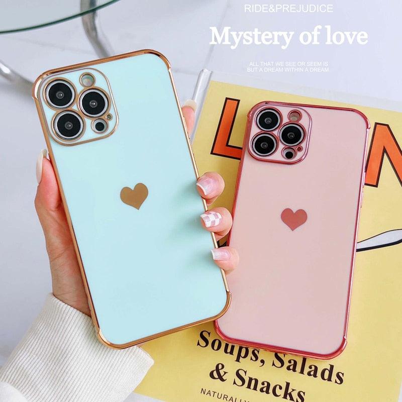 Love Heart Shockproof Bumper Phone Case For iPhone 14 13 12 11 Pro XS Max X XR 7 8 Plus 12Mini SE2 Soft Protective Case for Women Cute Gold Edge Shockproof Slim Soft Bumper