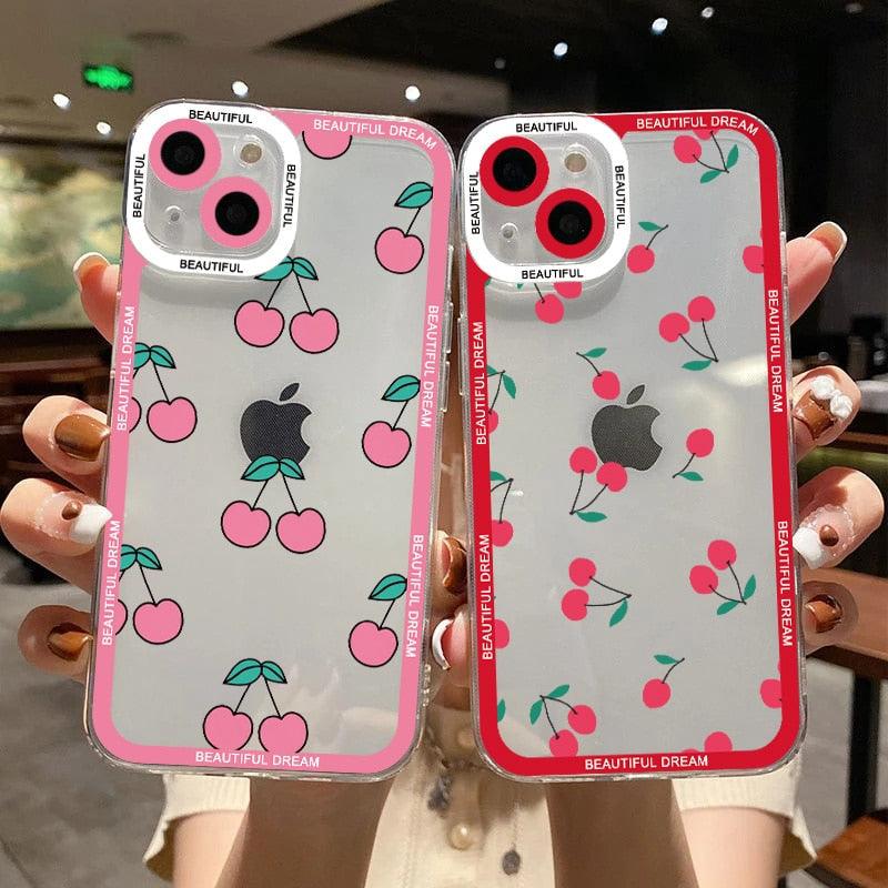 Lovely Cherry Strawberry Clear Phone Case For iPhone 11 12 13 14 Pro Max 14 Plus XR XS X 7 8 Plus SE Transparent Shockproof Protective Cute Cool Pink Phone Case Designed for iPhone