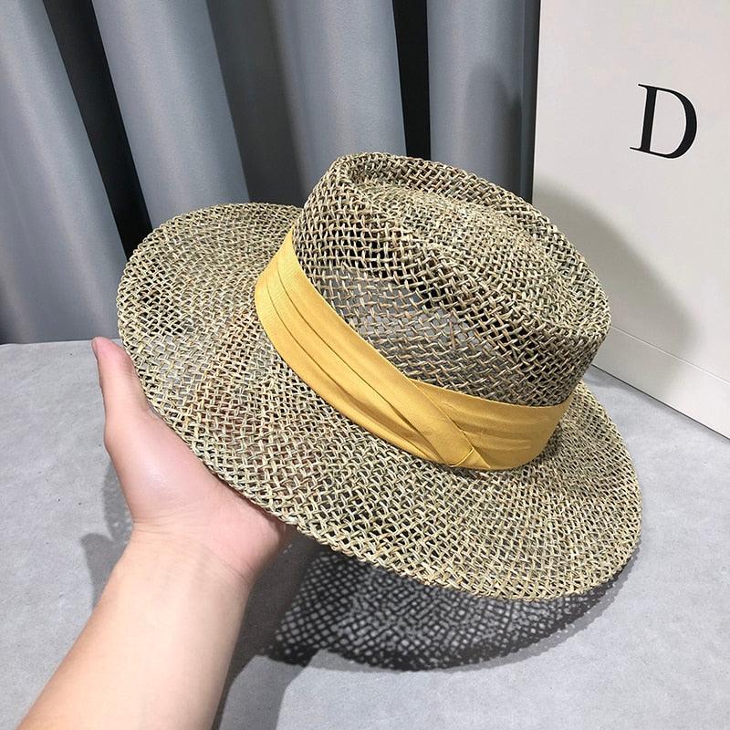 Luxurious New Handmade Straw Beach Hat For Women Summer Hat Luxury Cap Fashion Straw Hat Flat Sun Protection Hats Beautiful Unique Design 55-60cm