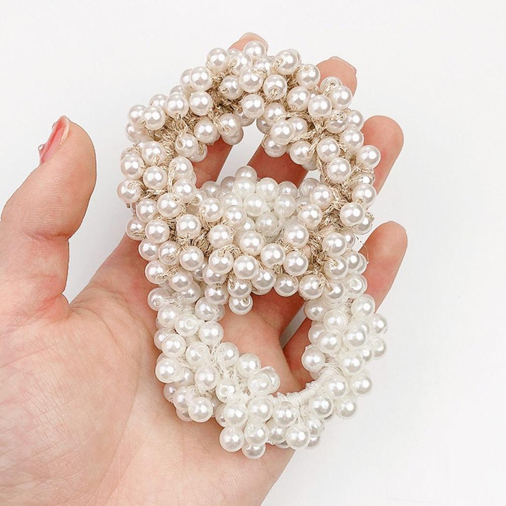 Luxury Big Elegant White Pearl Hair Ties Beads Girls Scrunchies Rubber Bands Ponytail Holders Hair Accessories Elastic Hair Band Ponytail Holder Accessories for Women