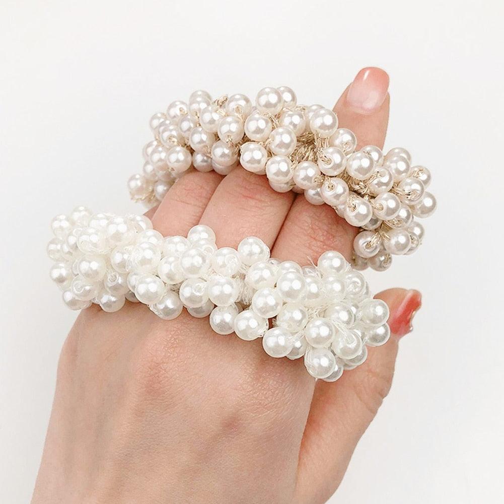 Luxury Big Elegant White Pearl Hair Ties Beads Girls Scrunchies Rubber Bands Ponytail Holders Hair Accessories Elastic Hair Band Ponytail Holder Accessories for Women