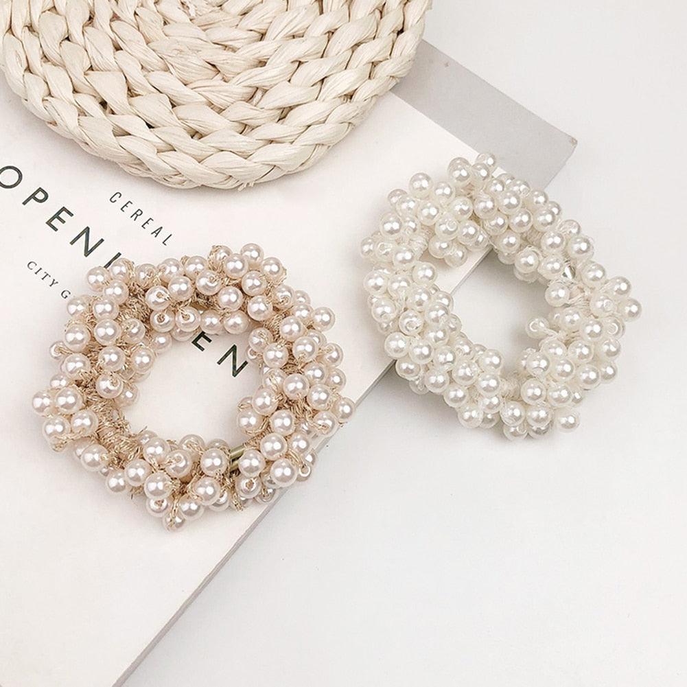 Luxury Big Elegant White Pearl Hair Ties Beads Girls Scrunchies Rubber Bands Ponytail Holders Hair Accessories Elastic Hair Band Ponytail Holder Accessories for Women