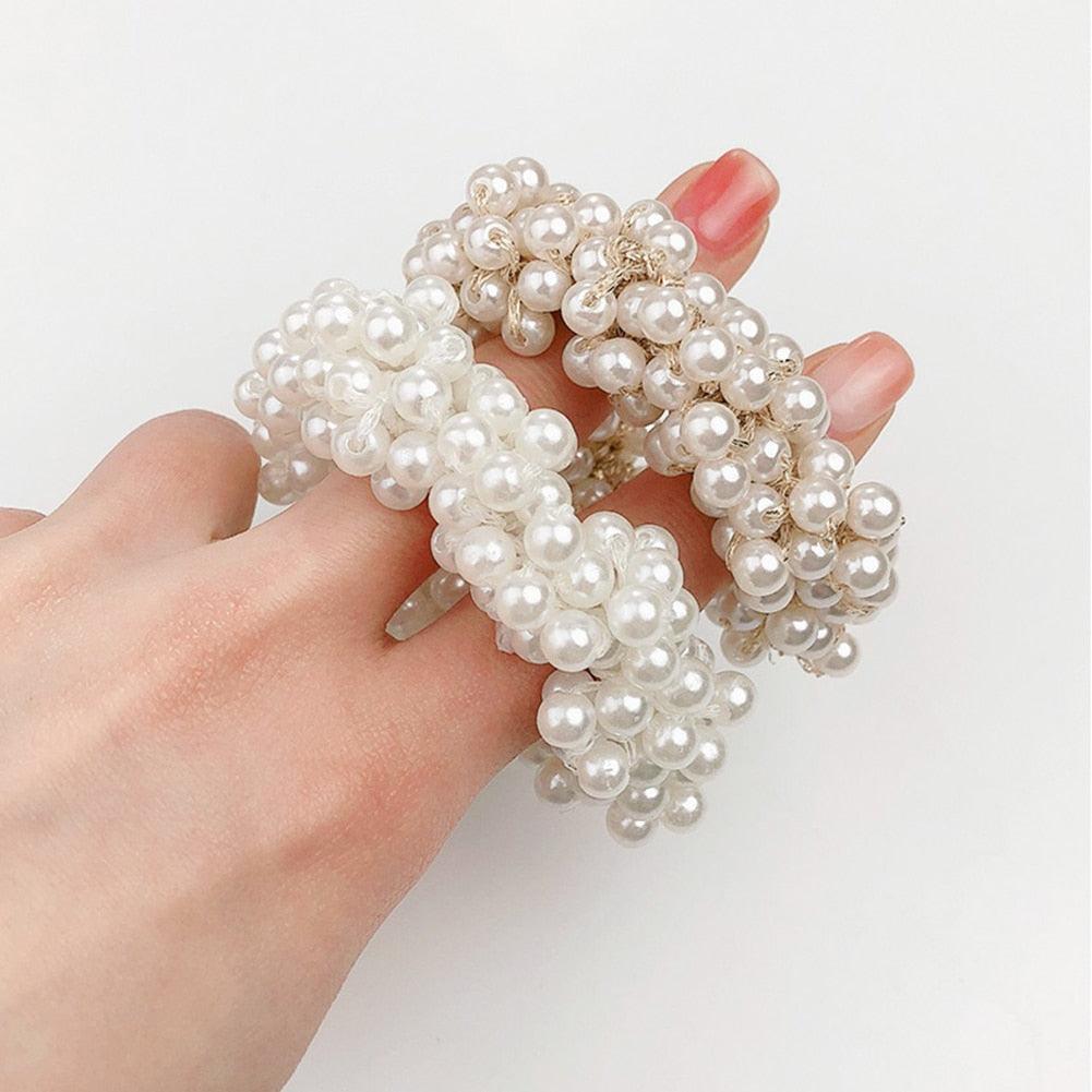 Luxury Big Elegant White Pearl Hair Ties Beads Girls Scrunchies Rubber Bands Ponytail Holders Hair Accessories Elastic Hair Band Ponytail Holder Accessories for Women