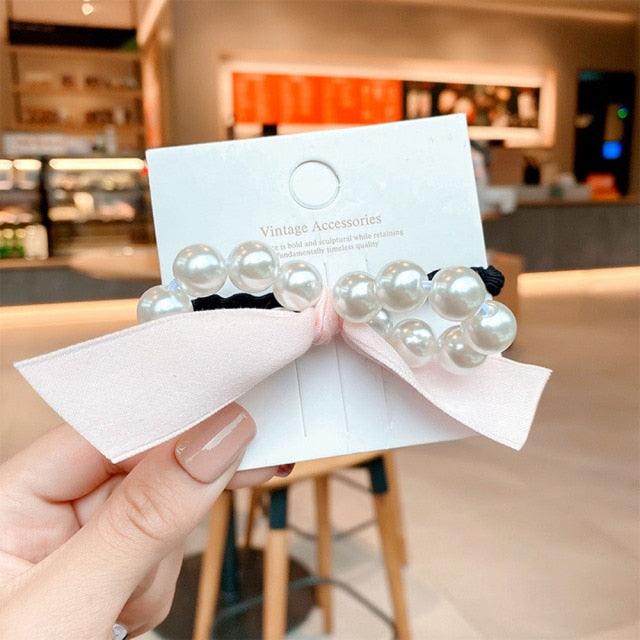 Luxury Big Elegant White Pearl Hair Ties Beads Girls Scrunchies Rubber Bands Ponytail Holders Hair Accessories Elastic Hair Band Ponytail Holder Accessories for Women