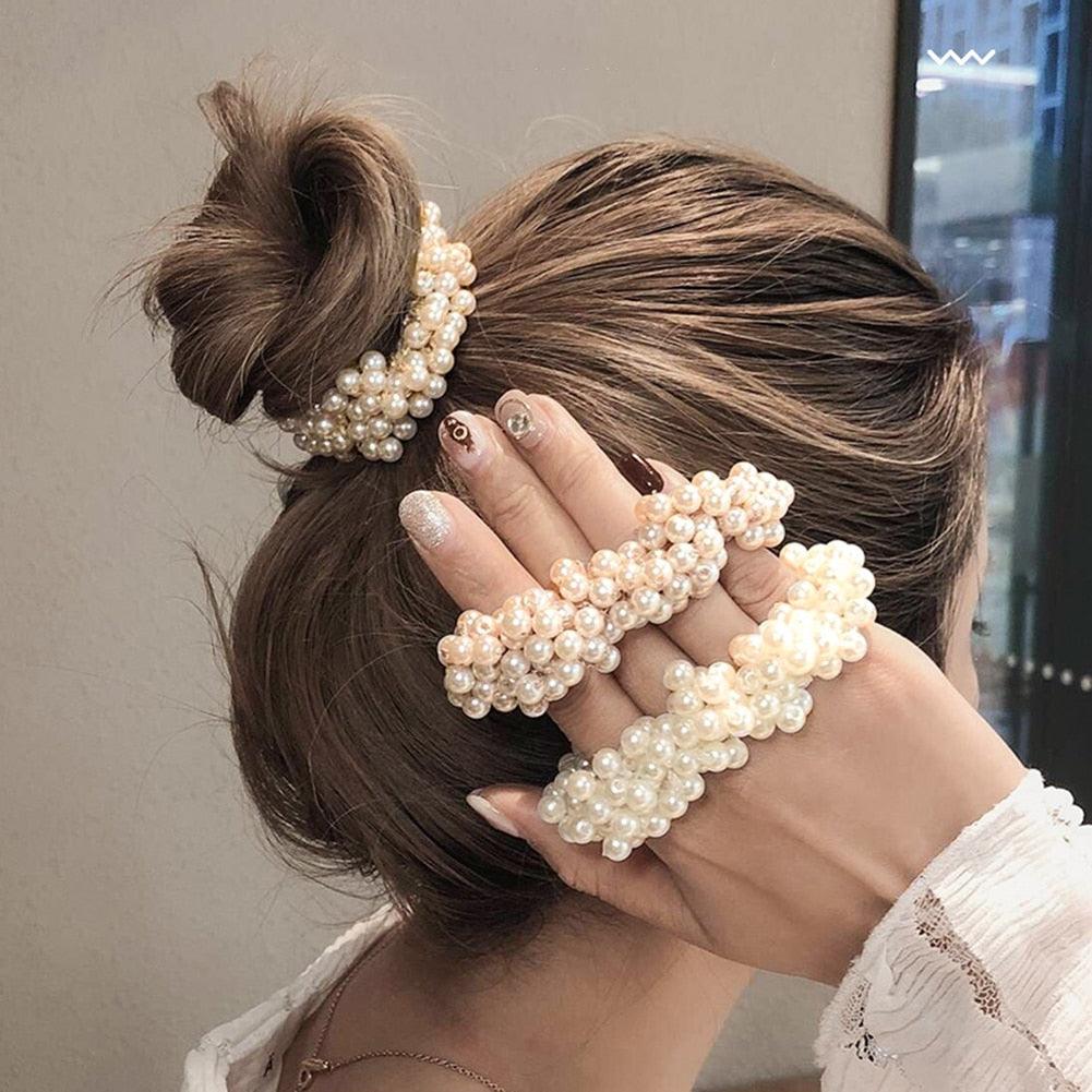 Luxury Big Elegant White Pearl Hair Ties Beads Girls Scrunchies Rubber Bands Ponytail Holders Hair Accessories Elastic Hair Band Ponytail Holder Accessories for Women