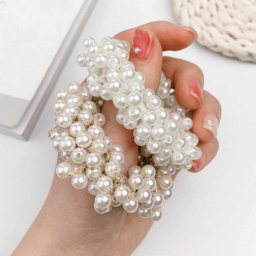 Luxury Big Elegant White Pearl Hair Ties Beads Girls Scrunchies Rubber Bands Ponytail Holders Hair Accessories Elastic Hair Band Ponytail Holder Accessories for Women