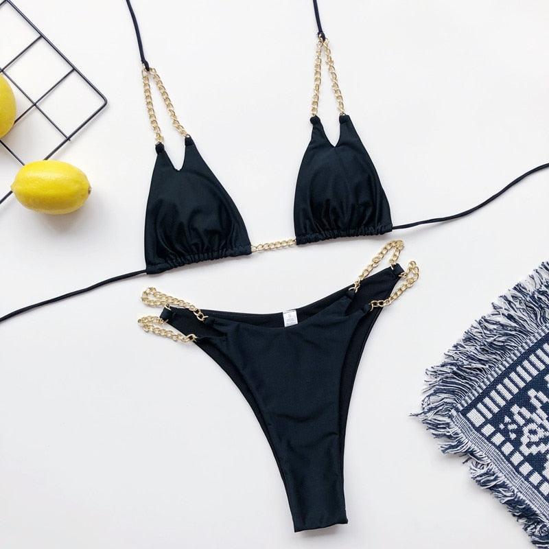 Luxury Black Bikini Set Chain Swimsuit Female Black Swimwear Women Summer Bathing Suit Women V-Wired Underwire Push Up High Cut Bikini Set Two Pieces Bathing Suit