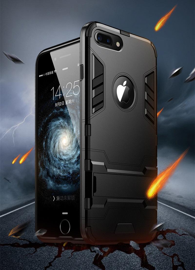 Luxury Black Cool Armor Case For iPhone 8 7 6 6S Plus 5 5s Shockproof Case For iPhone X XS MAX XR Stand Cover Case  Heavy Duty Shockproof Armor Dual Layer Protection Back Case Cover