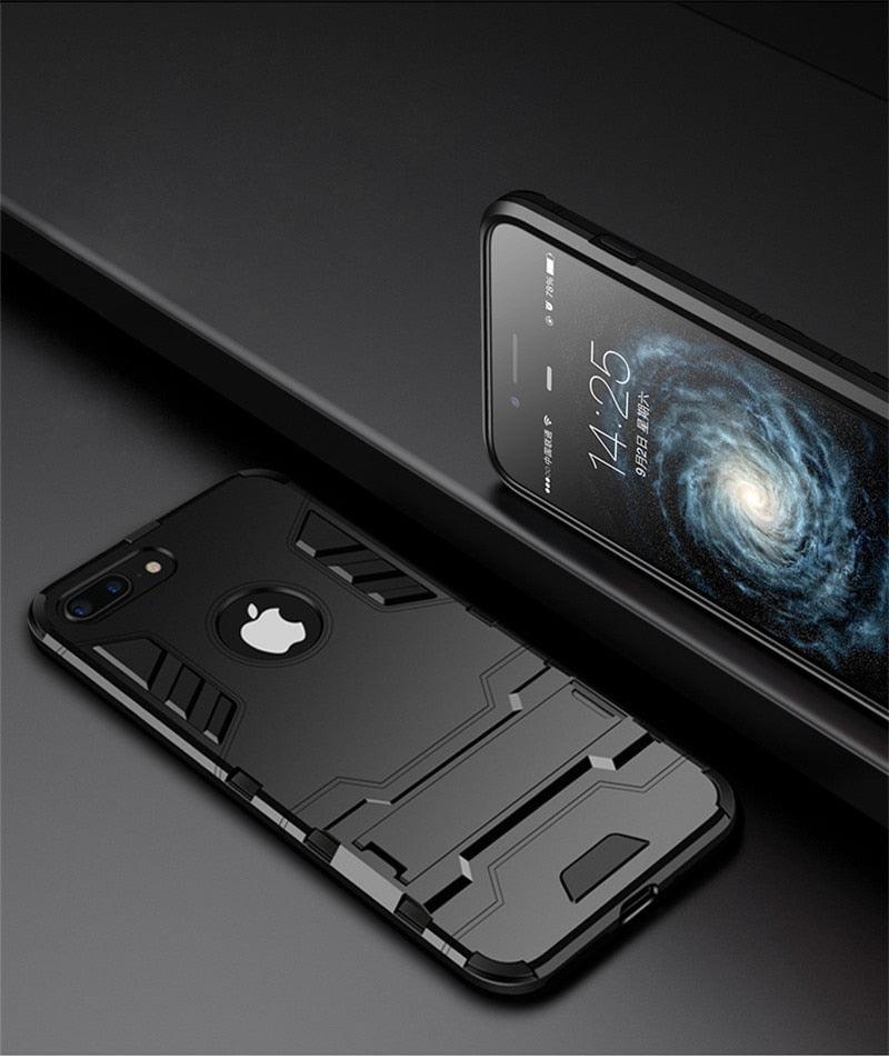 Luxury Black Cool Armor Case For iPhone 8 7 6 6S Plus 5 5s Shockproof Case For iPhone X XS MAX XR Stand Cover Case  Heavy Duty Shockproof Armor Dual Layer Protection Back Case Cover