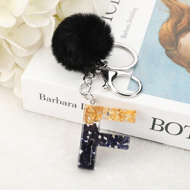 Luxury Black Pompom English Alphabet Letter Keychain Rhinestone Keyring with Artificial Fur Pompom Ball Women Girls Shiny Crystal Key Ring Letter Keyring Glitter Gradient Resin Car Mirror Accessory Women Handbag Charms