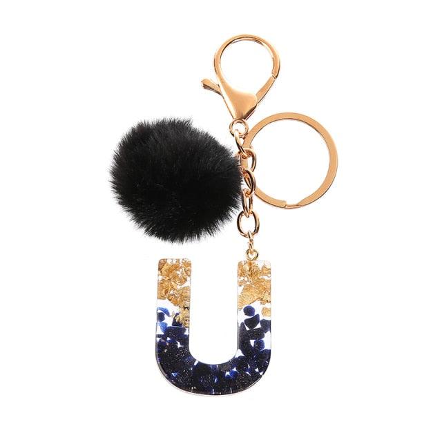 Luxury Black Pompom English Alphabet Letter Keychain Rhinestone Keyring with Artificial Fur Pompom Ball Women Girls Shiny Crystal Key Ring Letter Keyring Glitter Gradient Resin Car Mirror Accessory Women Handbag Charms