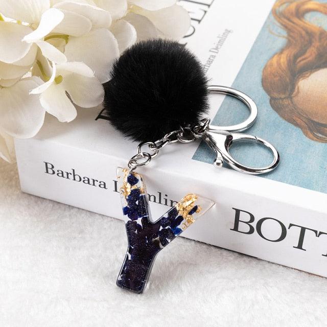 Luxury Black Pompom English Alphabet Letter Keychain Rhinestone Keyring with Artificial Fur Pompom Ball Women Girls Shiny Crystal Key Ring Letter Keyring Glitter Gradient Resin Car Mirror Accessory Women Handbag Charms