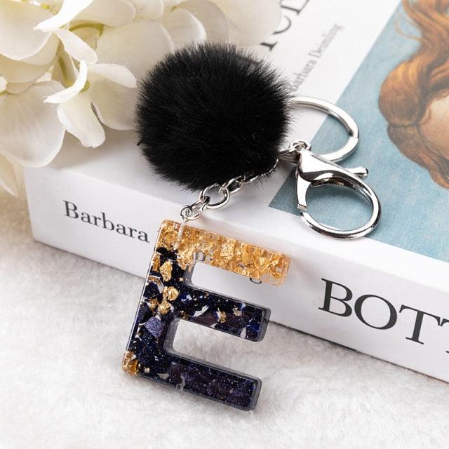 Luxury Black Pompom English Alphabet Letter Keychain Rhinestone Keyring with Artificial Fur Pompom Ball Women Girls Shiny Crystal Key Ring Letter Keyring Glitter Gradient Resin Car Mirror Accessory Women Handbag Charms