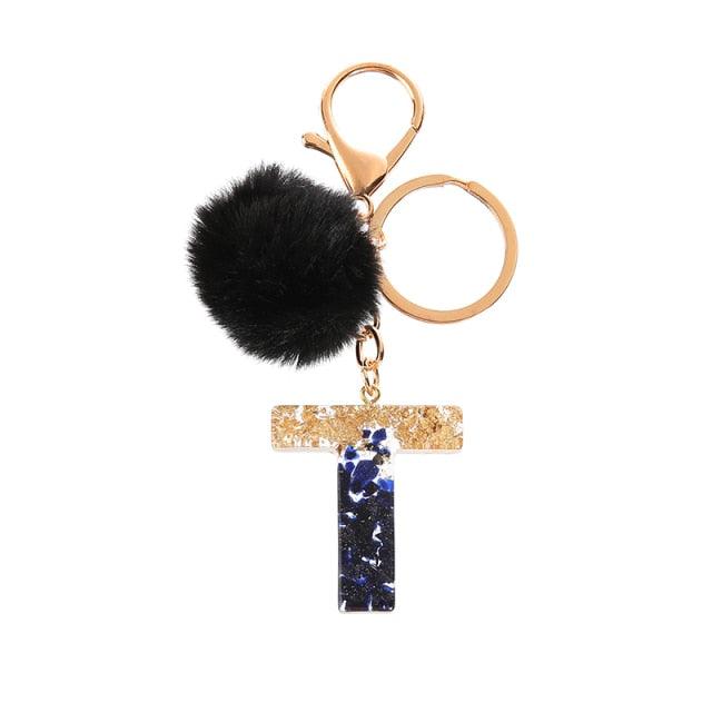 Luxury Black Pompom English Alphabet Letter Keychain Rhinestone Keyring with Artificial Fur Pompom Ball Women Girls Shiny Crystal Key Ring Letter Keyring Glitter Gradient Resin Car Mirror Accessory Women Handbag Charms