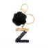 Luxury Black Pompom English Alphabet Letter Keychain Rhinestone Keyring with Artificial Fur Pompom Ball Women Girls Shiny Crystal Key Ring Letter Keyring Glitter Gradient Resin Car Mirror Accessory Women Handbag Charms