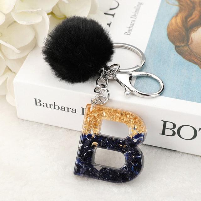 Luxury Black Pompom English Alphabet Letter Keychain Rhinestone Keyring with Artificial Fur Pompom Ball Women Girls Shiny Crystal Key Ring Letter Keyring Glitter Gradient Resin Car Mirror Accessory Women Handbag Charms