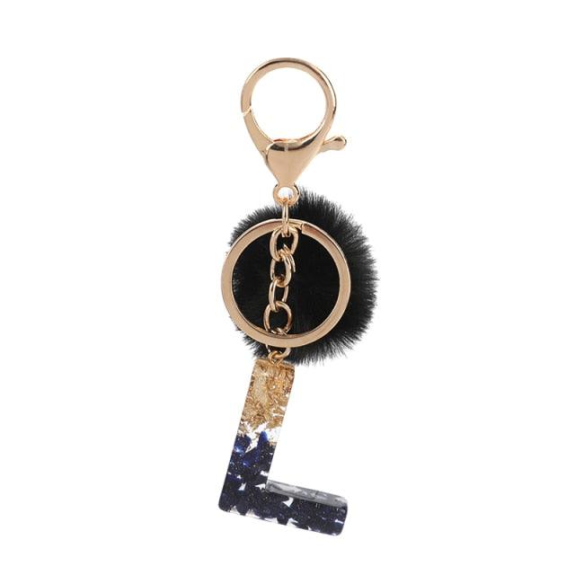 Luxury Black Pompom English Alphabet Letter Keychain Rhinestone Keyring with Artificial Fur Pompom Ball Women Girls Shiny Crystal Key Ring Letter Keyring Glitter Gradient Resin Car Mirror Accessory Women Handbag Charms