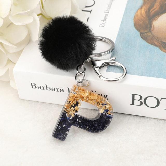 Luxury Black Pompom English Alphabet Letter Keychain Rhinestone Keyring with Artificial Fur Pompom Ball Women Girls Shiny Crystal Key Ring Letter Keyring Glitter Gradient Resin Car Mirror Accessory Women Handbag Charms