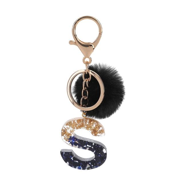 Luxury Black Pompom English Alphabet Letter Keychain Rhinestone Keyring with Artificial Fur Pompom Ball Women Girls Shiny Crystal Key Ring Letter Keyring Glitter Gradient Resin Car Mirror Accessory Women Handbag Charms