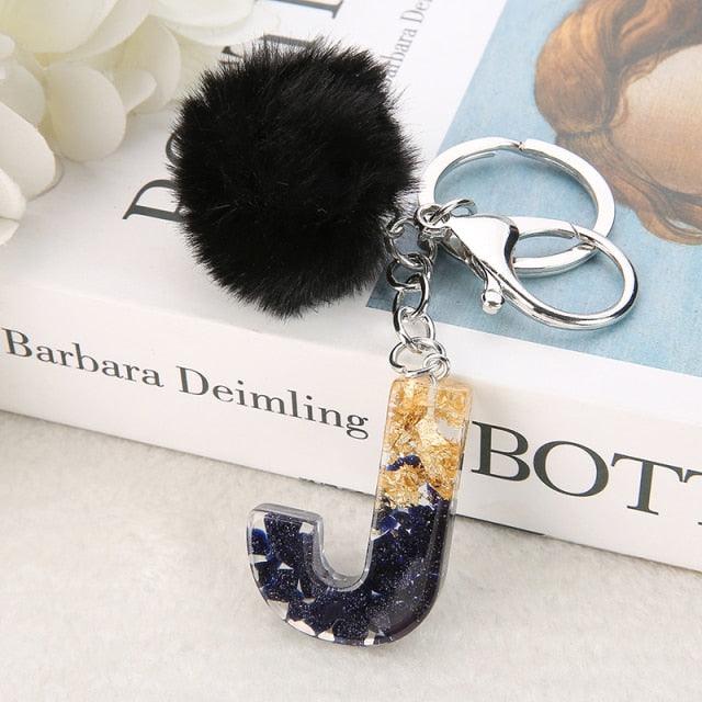 Luxury Black Pompom English Alphabet Letter Keychain Rhinestone Keyring with Artificial Fur Pompom Ball Women Girls Shiny Crystal Key Ring Letter Keyring Glitter Gradient Resin Car Mirror Accessory Women Handbag Charms