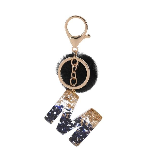 Luxury Black Pompom English Alphabet Letter Keychain Rhinestone Keyring with Artificial Fur Pompom Ball Women Girls Shiny Crystal Key Ring Letter Keyring Glitter Gradient Resin Car Mirror Accessory Women Handbag Charms