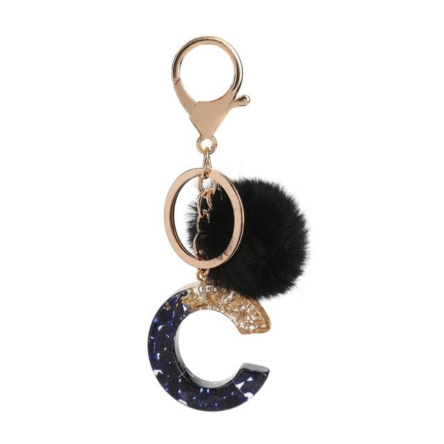 Luxury Black Pompom English Alphabet Letter Keychain Rhinestone Keyring with Artificial Fur Pompom Ball Women Girls Shiny Crystal Key Ring Letter Keyring Glitter Gradient Resin Car Mirror Accessory Women Handbag Charms