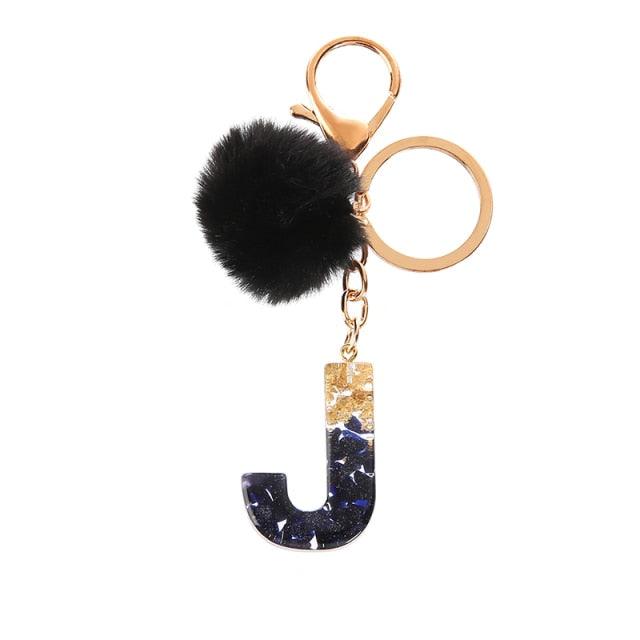 Luxury Black Pompom English Alphabet Letter Keychain Rhinestone Keyring with Artificial Fur Pompom Ball Women Girls Shiny Crystal Key Ring Letter Keyring Glitter Gradient Resin Car Mirror Accessory Women Handbag Charms