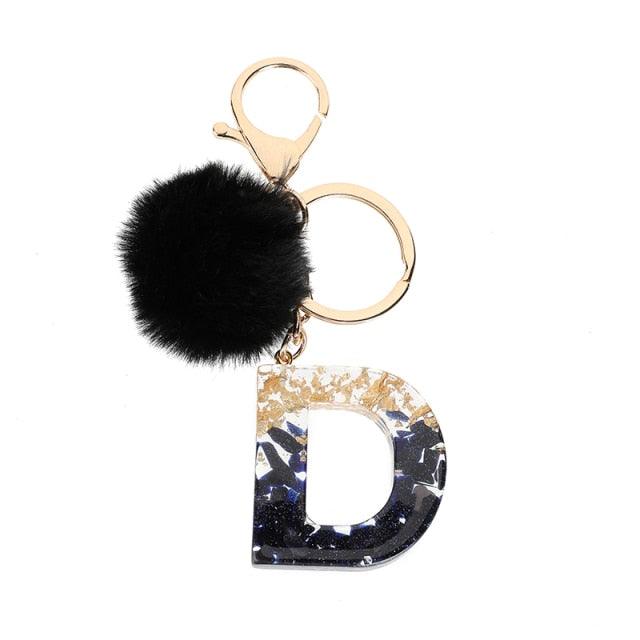 Luxury Black Pompom English Alphabet Letter Keychain Rhinestone Keyring with Artificial Fur Pompom Ball Women Girls Shiny Crystal Key Ring Letter Keyring Glitter Gradient Resin Car Mirror Accessory Women Handbag Charms