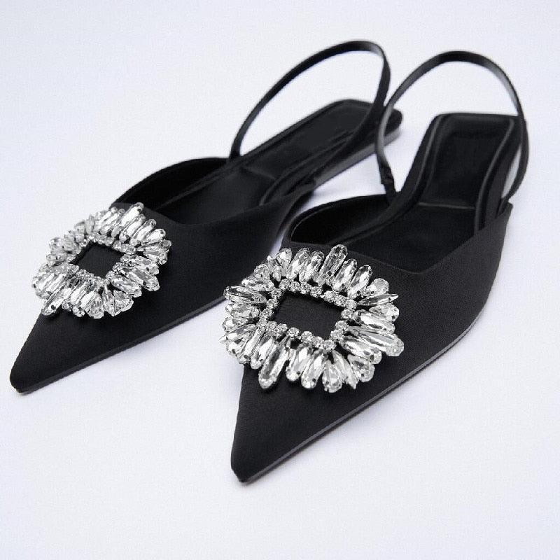 Luxury Black Straps Black Shoes For Women Shallow Summer Heels Beige Elastic Band Low Pointed Closed Flat Rhinestone Slip-on Shoes Flats Outdoor Walking Slippers