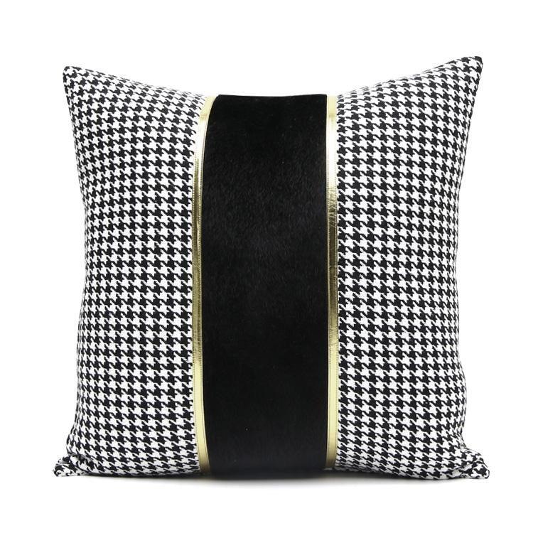 Luxury Black White Houndstooth Gold Leather Stitching Pillow Covers Sofa Decorative Horse Pillow Case Swallow Gird Throw Pillowcases Black Gold PU Leather Polyester Splicing Cushion Covers Well Made Classic Pattern