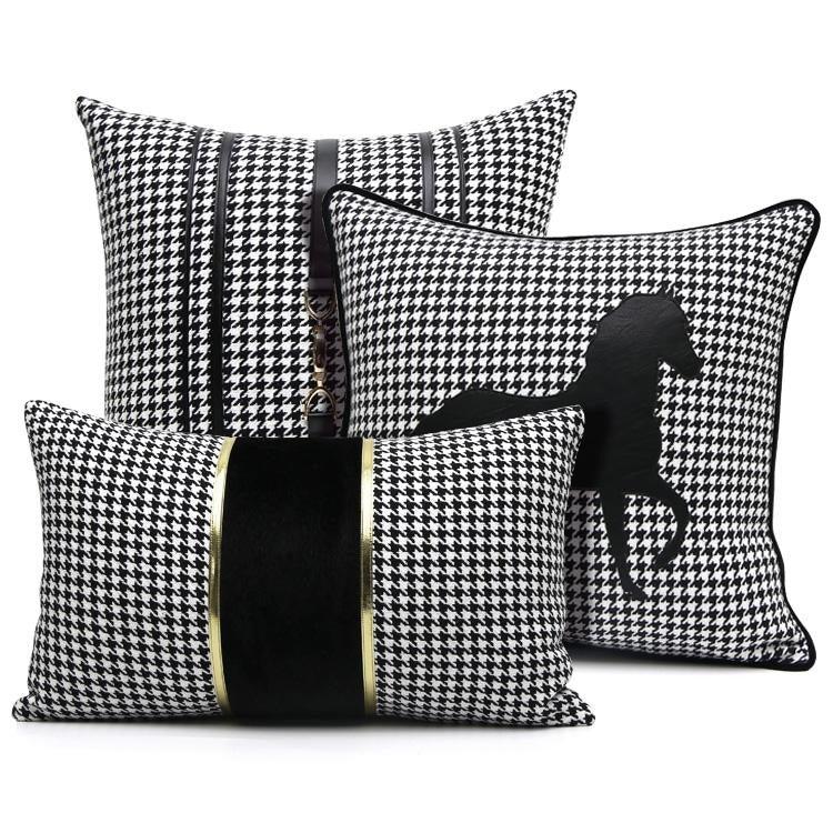 Luxury Black White Houndstooth Gold Leather Stitching Pillow Covers Sofa Decorative Horse Pillow Case Swallow Gird Throw Pillowcases Black Gold PU Leather Polyester Splicing Cushion Covers Well Made Classic Pattern